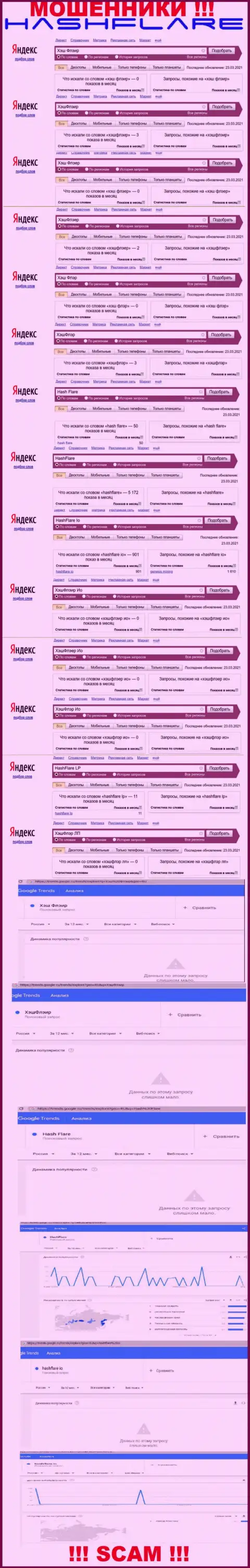 Количество онлайн запросов в поисковиках сети internet по бренду мошенников HashFlare
