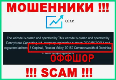 Компания OFXB указывает на веб-ресурсе, что находятся они в офшорной зоне, по адресу 8 Copthall, Roseau Valley, 00152 Commonwealth of Dominica
