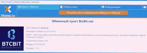 Краткая информационная справка об обменнике BTCBit на портале xrates ru